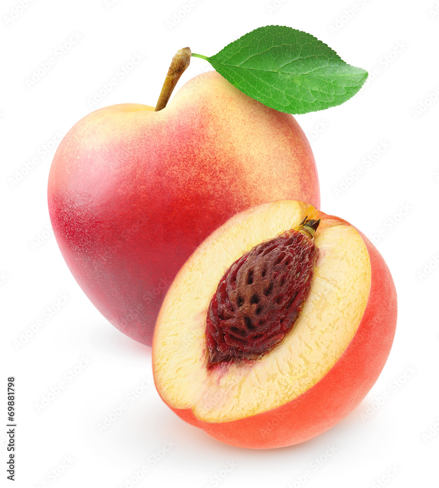 Isolated peach. Fresh nectarine peach, whole and cut, over white background, with clipping path