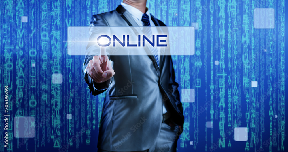 Business man with digital background pressing on button online