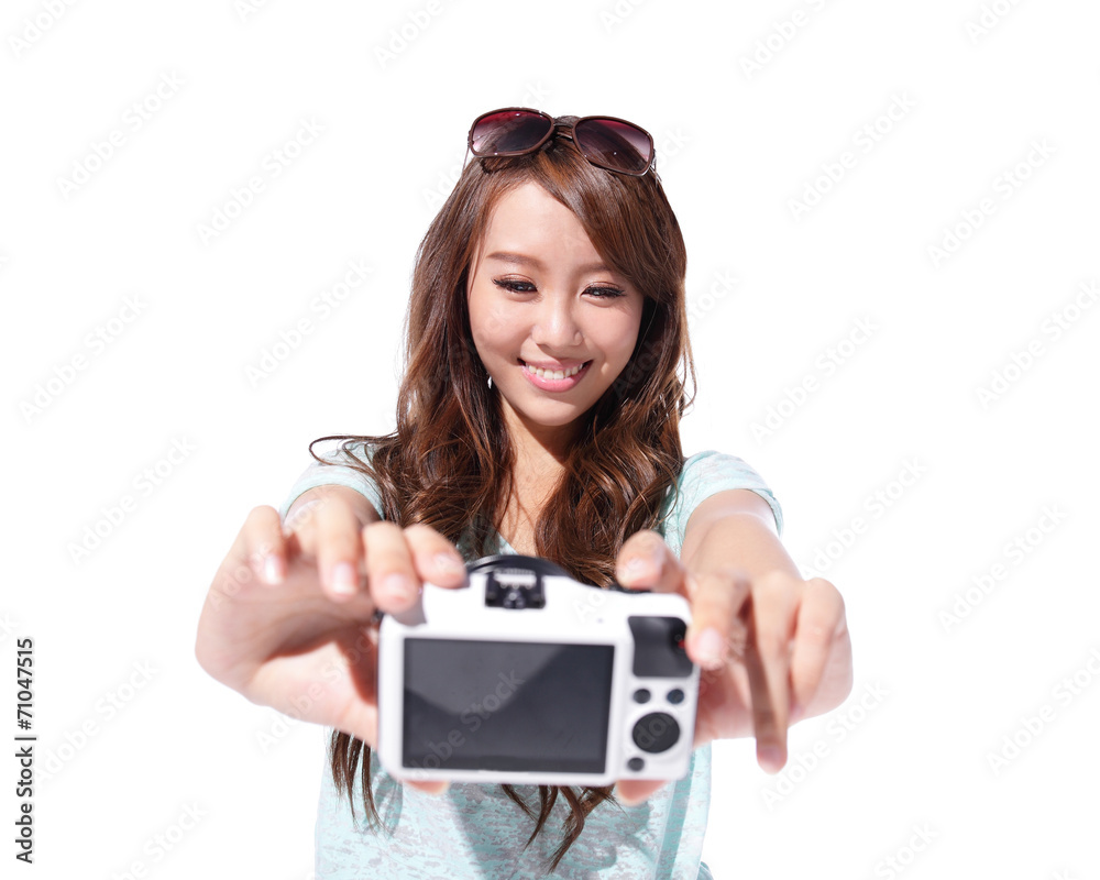 Happy travel young girl selfie