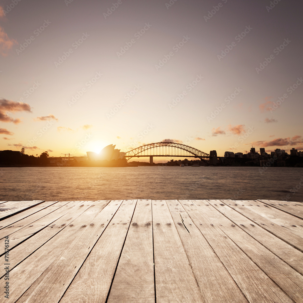 wooden board and Sydney landmarks 