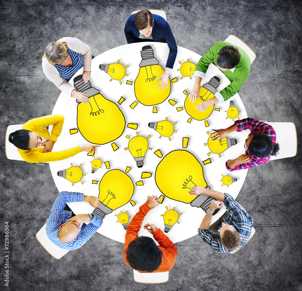 Group of People with Light Bulb Symbol in Photo and Illustration