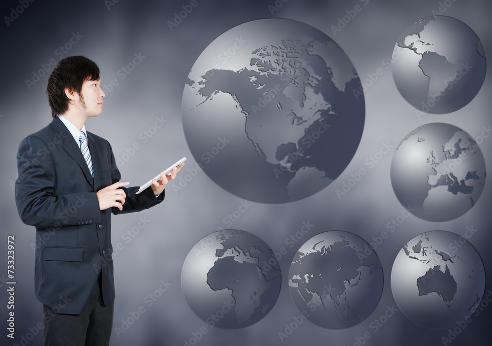 Asian Businessman choosing North america continent, business con