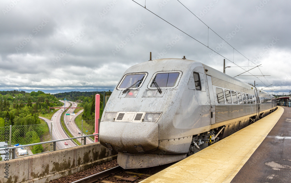 Sweden high-speed train on Sodertälje syd station in Sweden