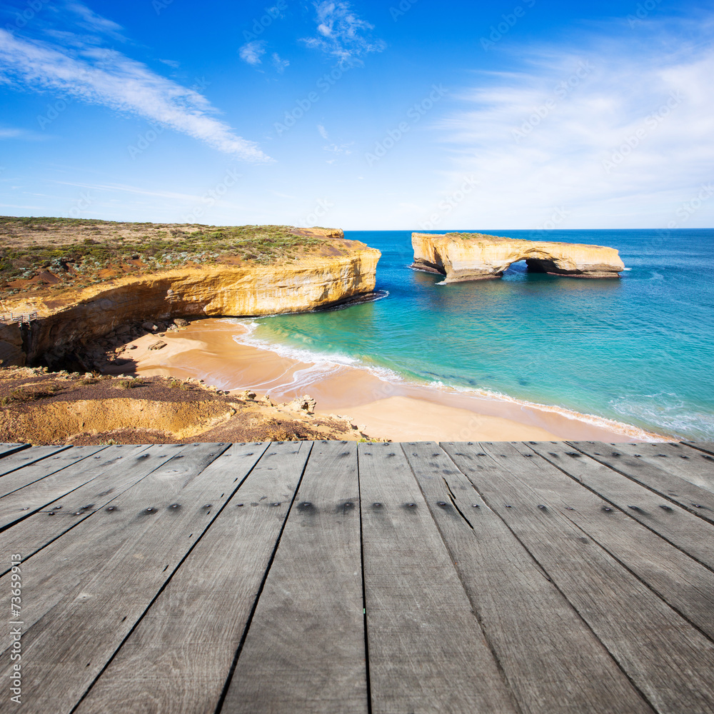 plank board with london bridge as background, Australia