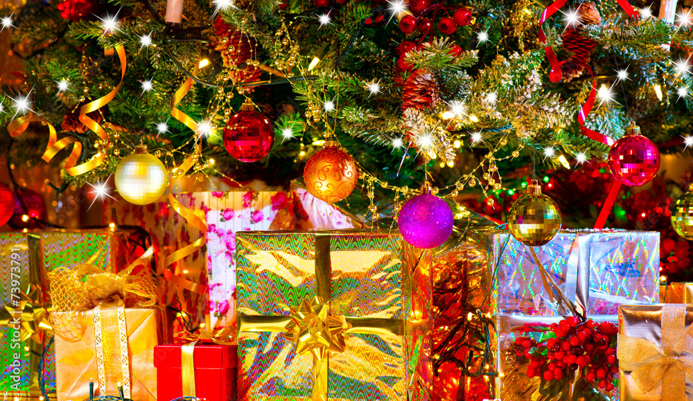 Holiday Christmas scene. Gifts under the Christmas tree