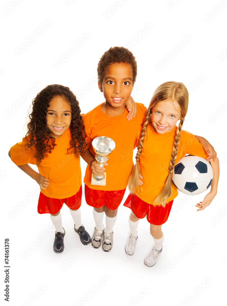 Soccer winner team of boy and girls isolated