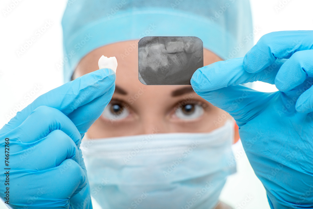 Dentist looking at dental x-ray