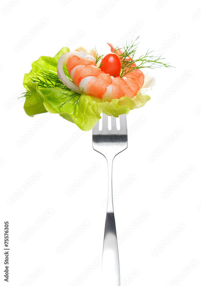 Mixed salad on fork isolated on white