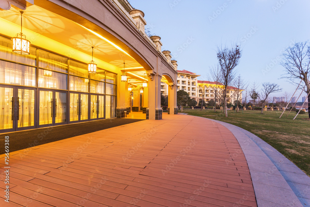 resort building exterior at night