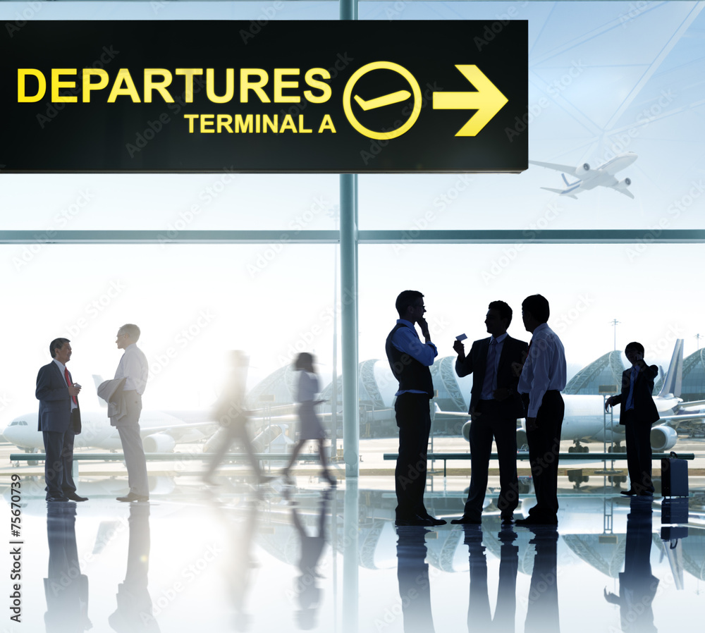 Group Passenger Airport Airplane Terminal Departures Concept