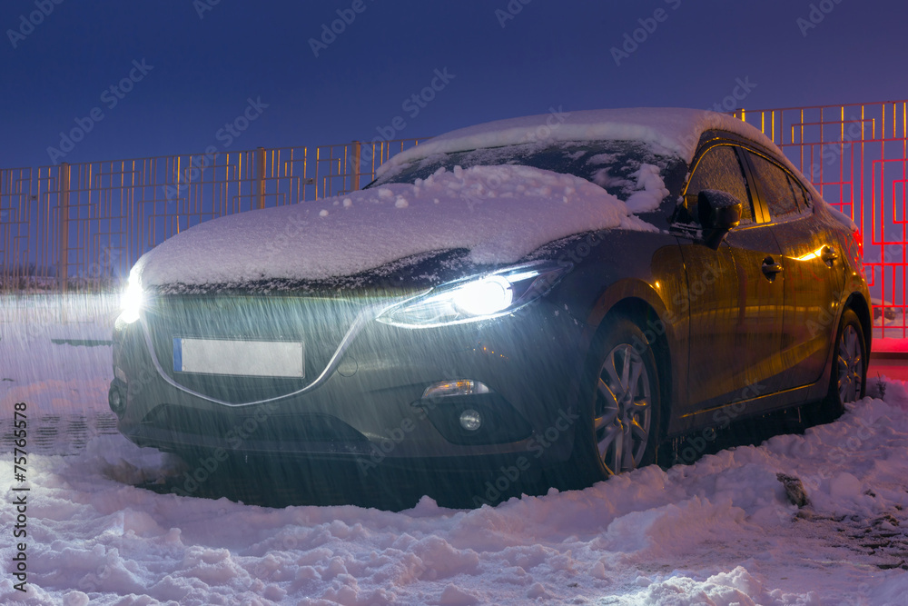 波兰一夜大雪下的汽车