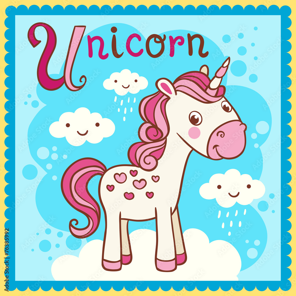 Illustrated alphabet letter U and unicorn.