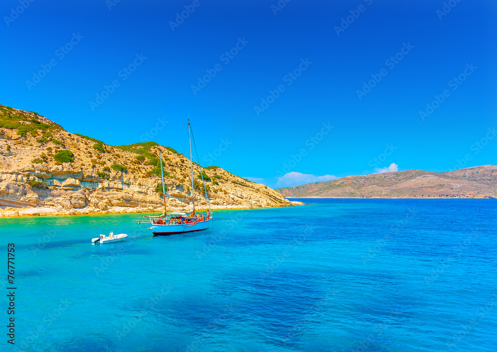 sailing boat out of the main port of Kalymnos island in Greece