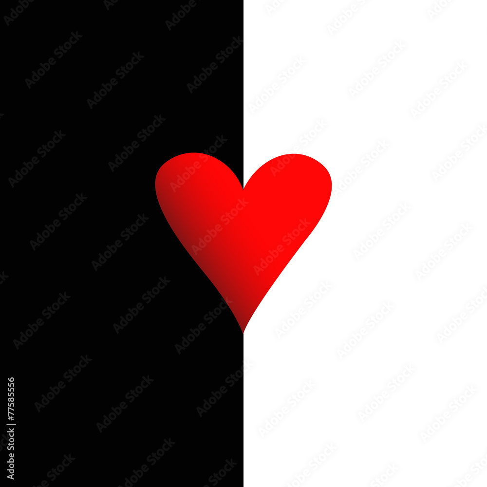 red heart on black and white background