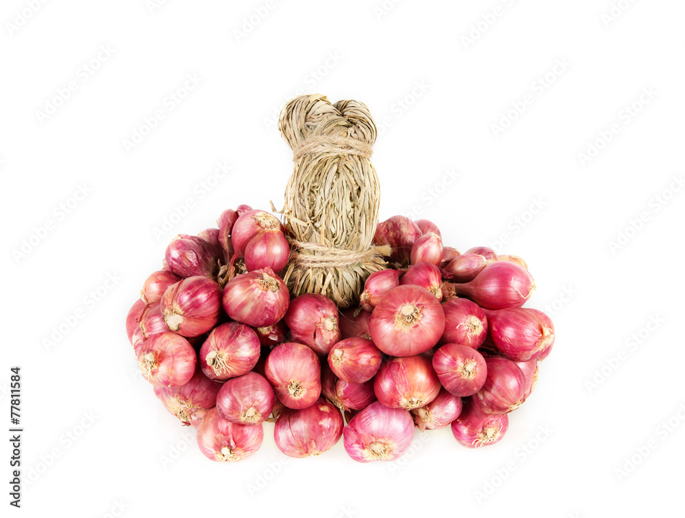 close up bundle of red onion or shallots