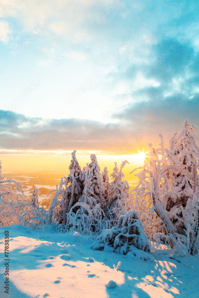 落日余晖中的冬季雪景