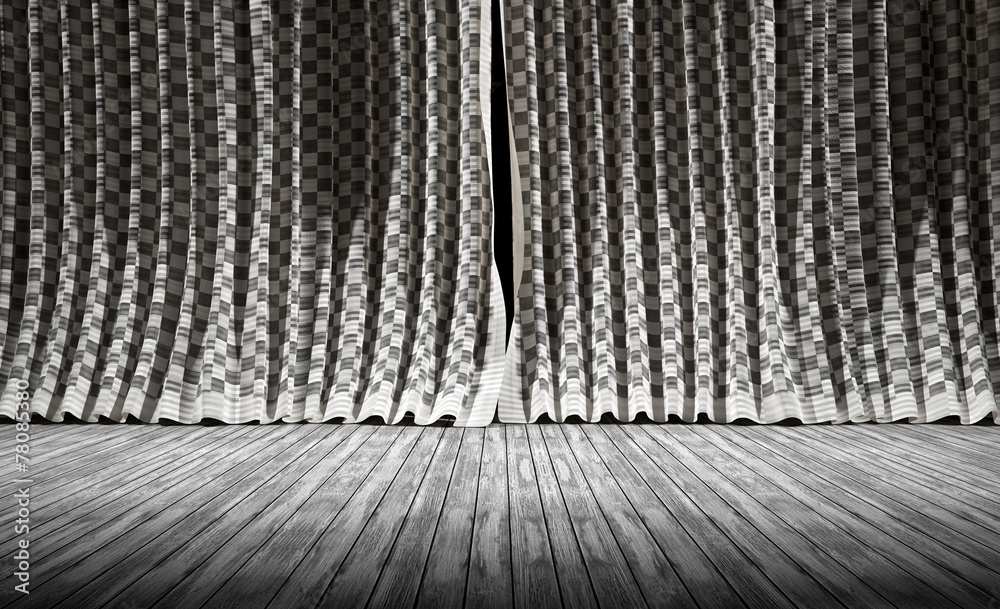 Fondo de cortinas vintage de tela y suelo de madera