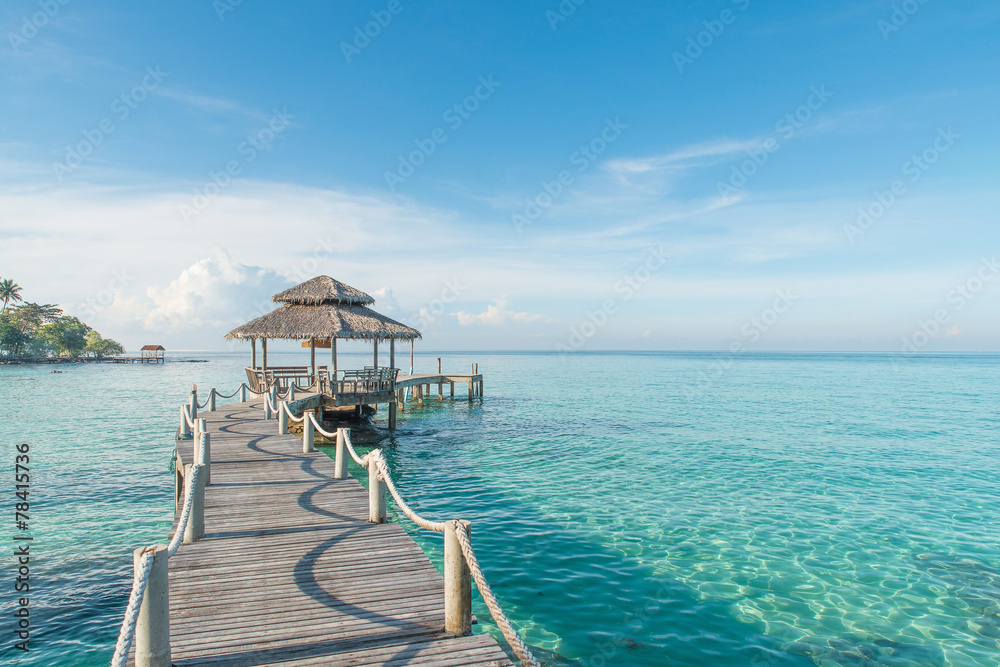 度假胜地的热带小屋和木桥。夏季旅行