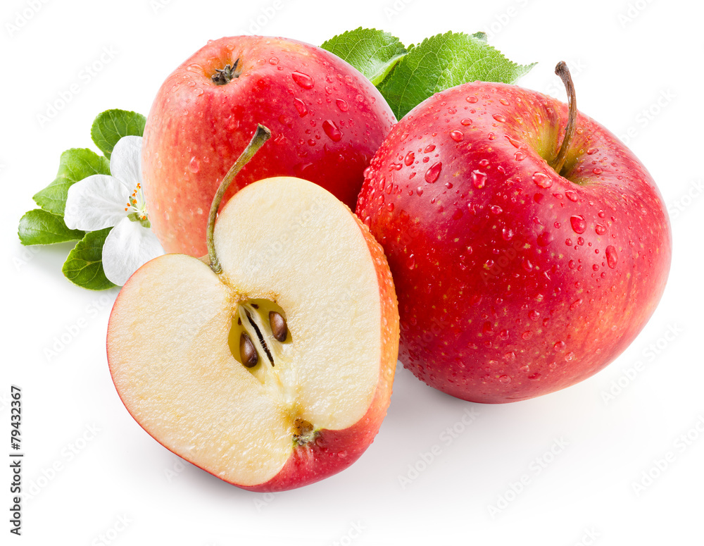 Red apple. Fruit with drops and leaves. With clipping path