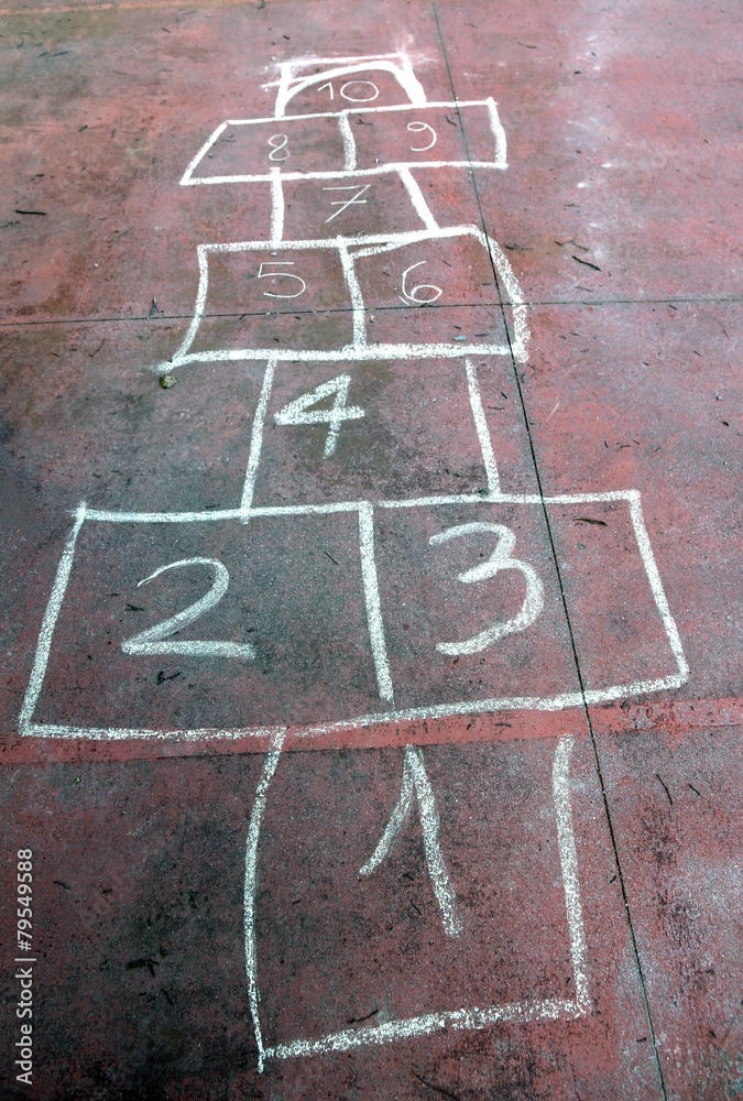 old game of the staircase with the numbers drawn with a chalk