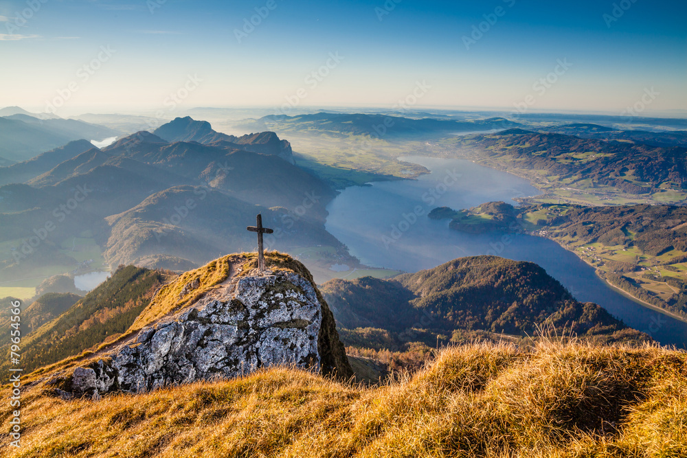 Autumn landscape in the Alps in golden evening light