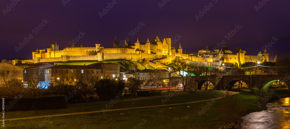 Night panorama of Carcassonne fortress - France, Languedoc-Rouss