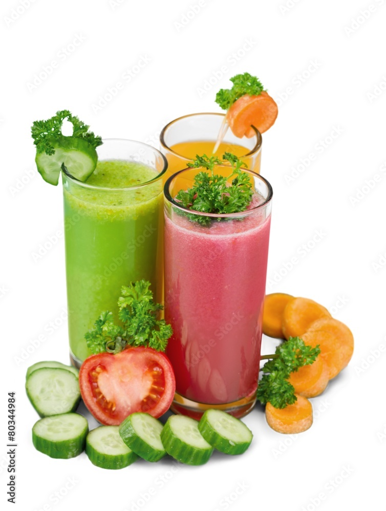 Diet. Fresh vegetable juices isolated on white