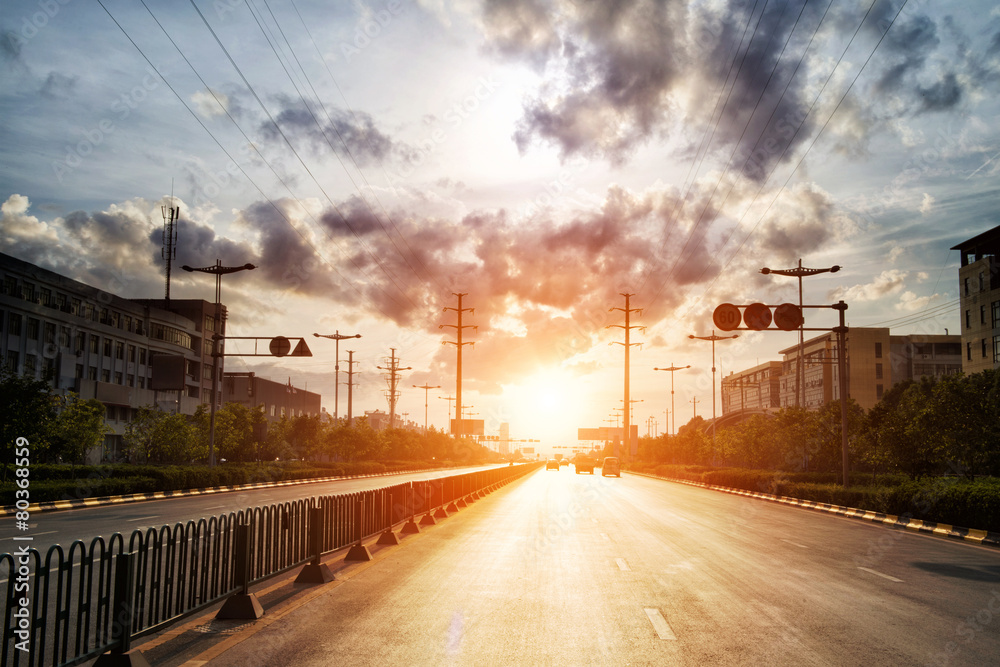 skyline,road and building at sunset.