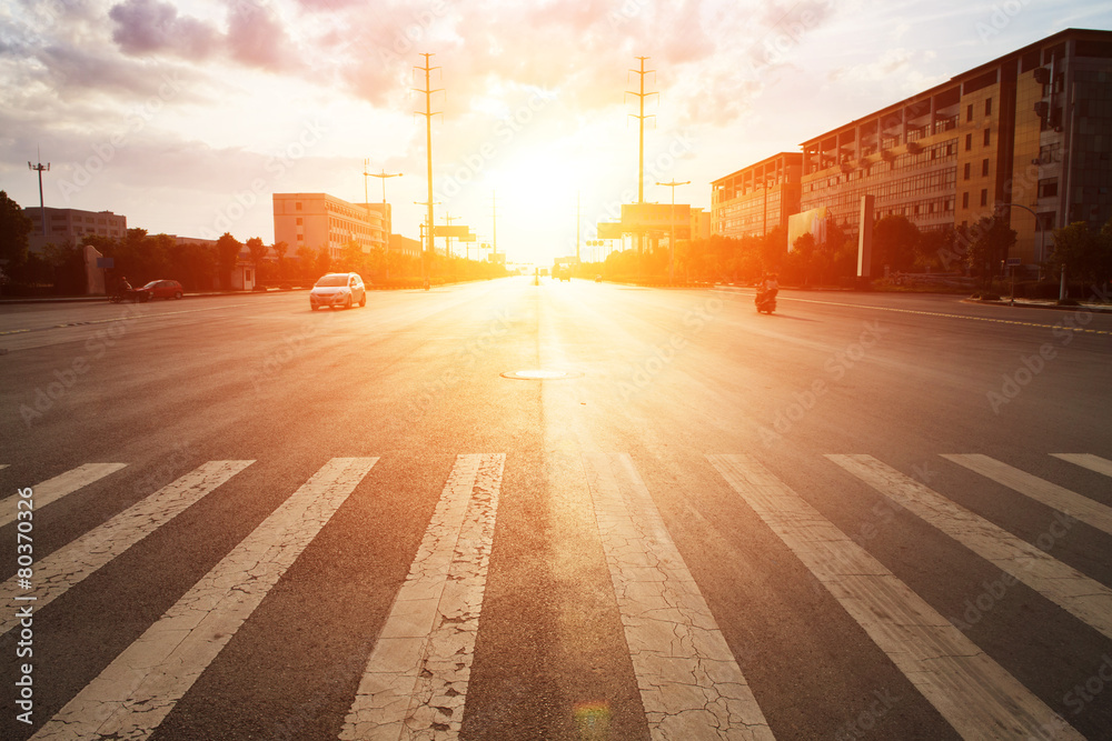 skyline,road and building at sunset.