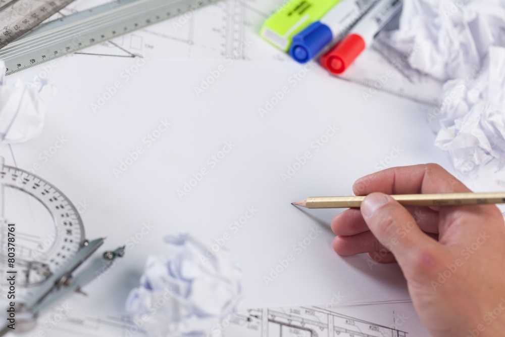 Advertisement. Designer drawing a light bulb, concept for