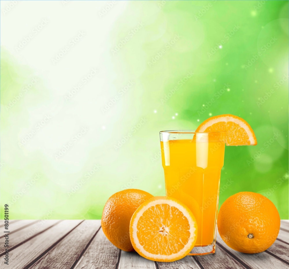 6474. Orange juice in glass with mint,  fresh fruits on wooden