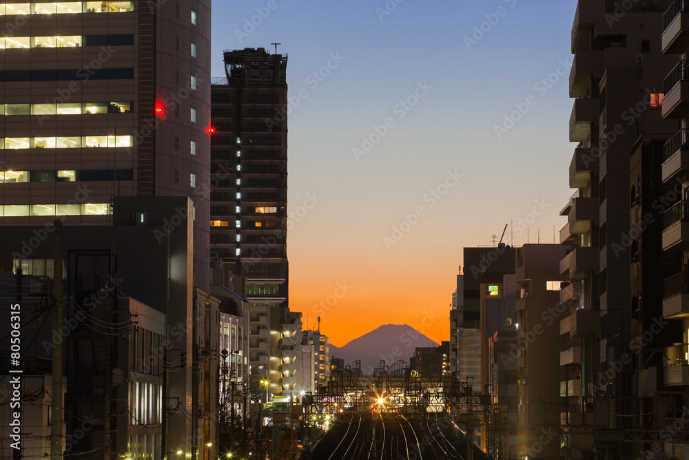 Tokyo cityscape and Mountain fuji at twilight..