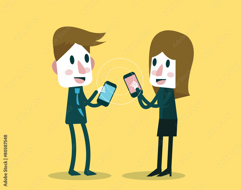 Businessman and woman sharing data with smartphone.