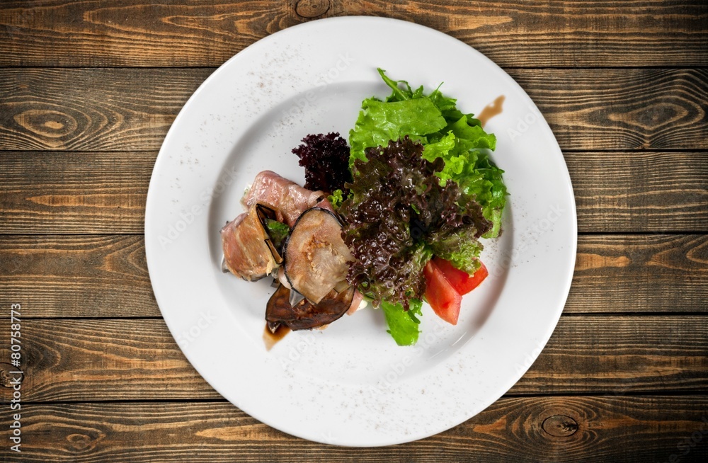 Meal. Overhead view of a plate of healthy grilled roast