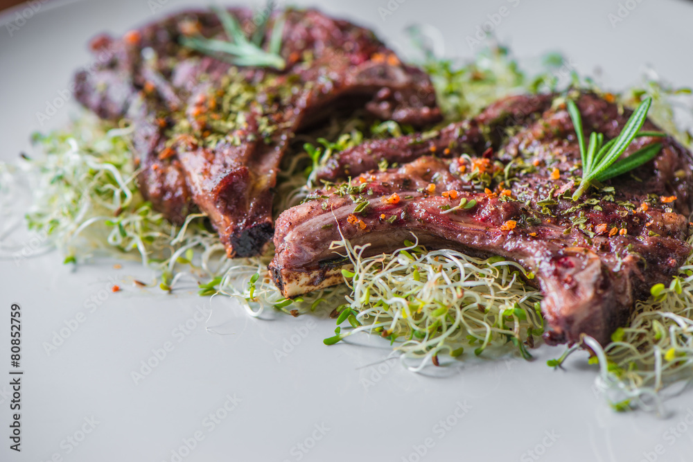 Rack of Lamb with Alfalfa seedlings