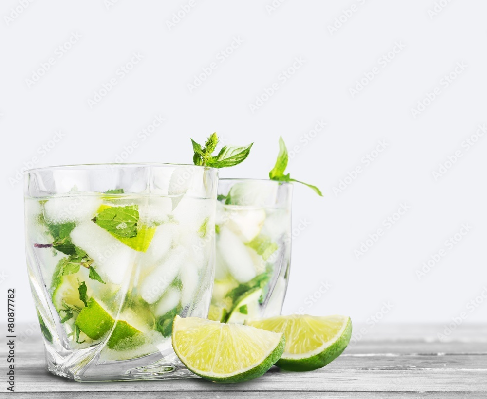 Mojito. Cold mojito drink, glass of alcohol isolated over white