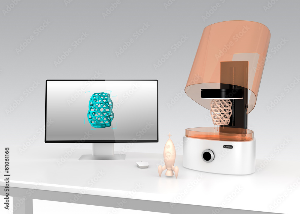 SLA 3D打印机和监视器在屏幕上显示型号