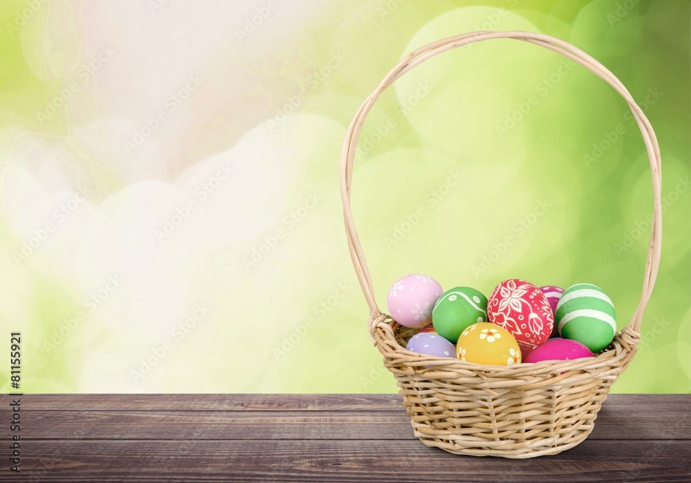 Brown. Easter eggs and basket isolated