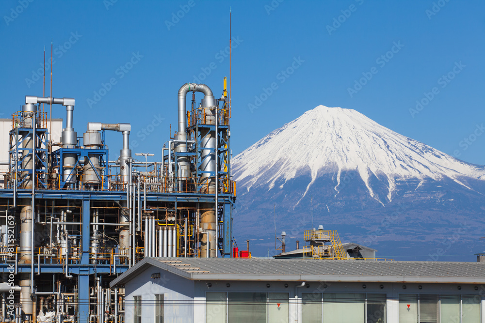 背景是富士山的日本炼油厂。