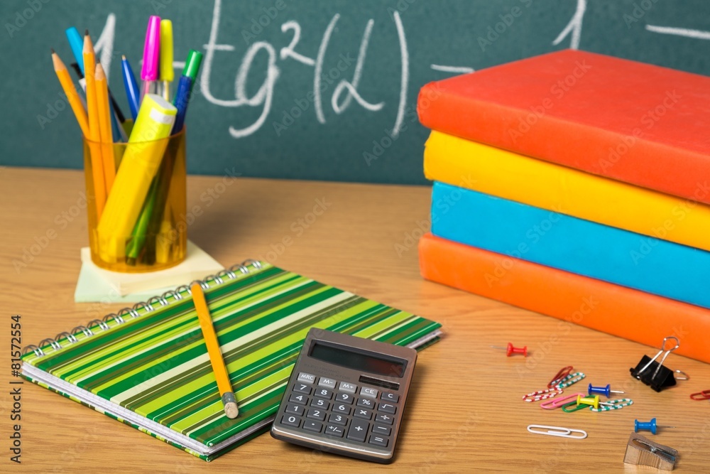 School. Back to school - blackboard with pencil-box and school