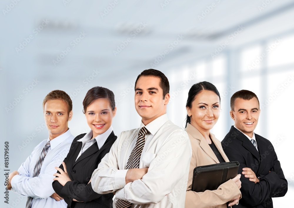 Business. Powerfull employees on white