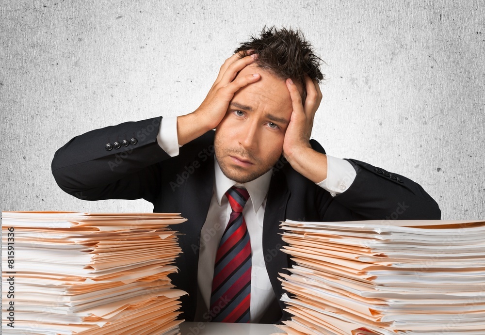 Paperwork. Exhausted Office Worker Rest on Folders