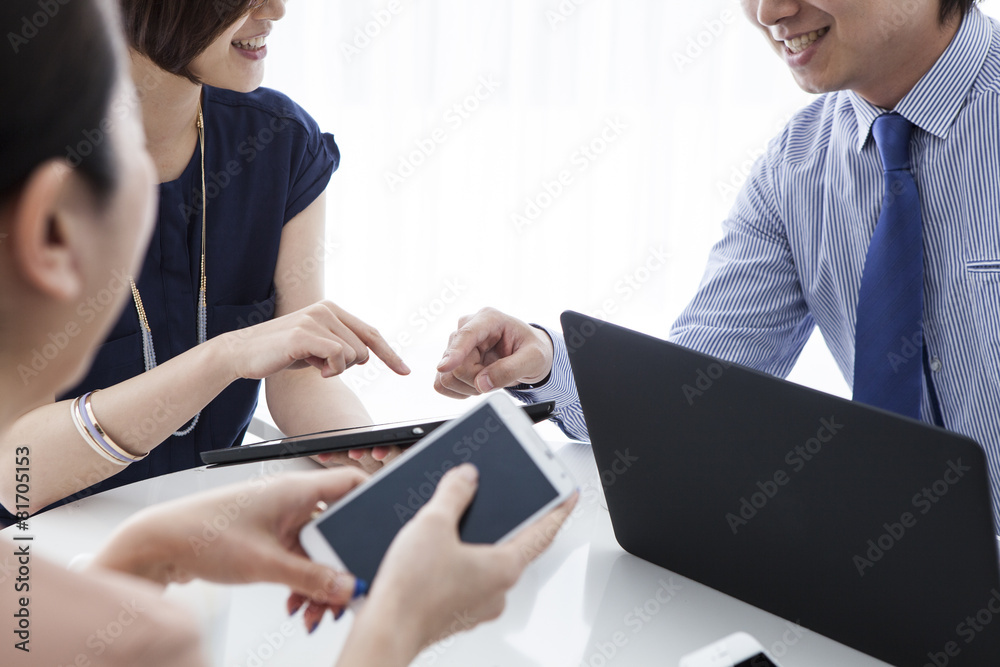 Men and women have a meeting happily