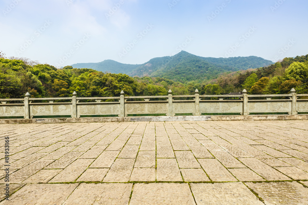 美丽山景前的石板路