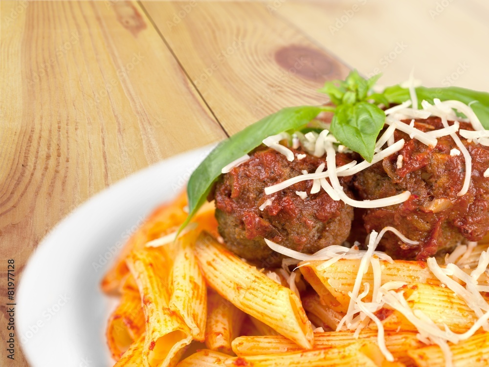 Basil. Pasta. Penne Pasta with Bolognese Sauce, Parmesan Cheese