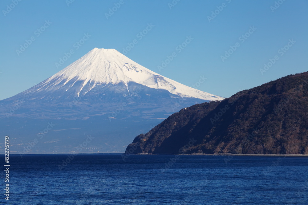 Mountain Fuji and sea from Izu city Shizuoka .