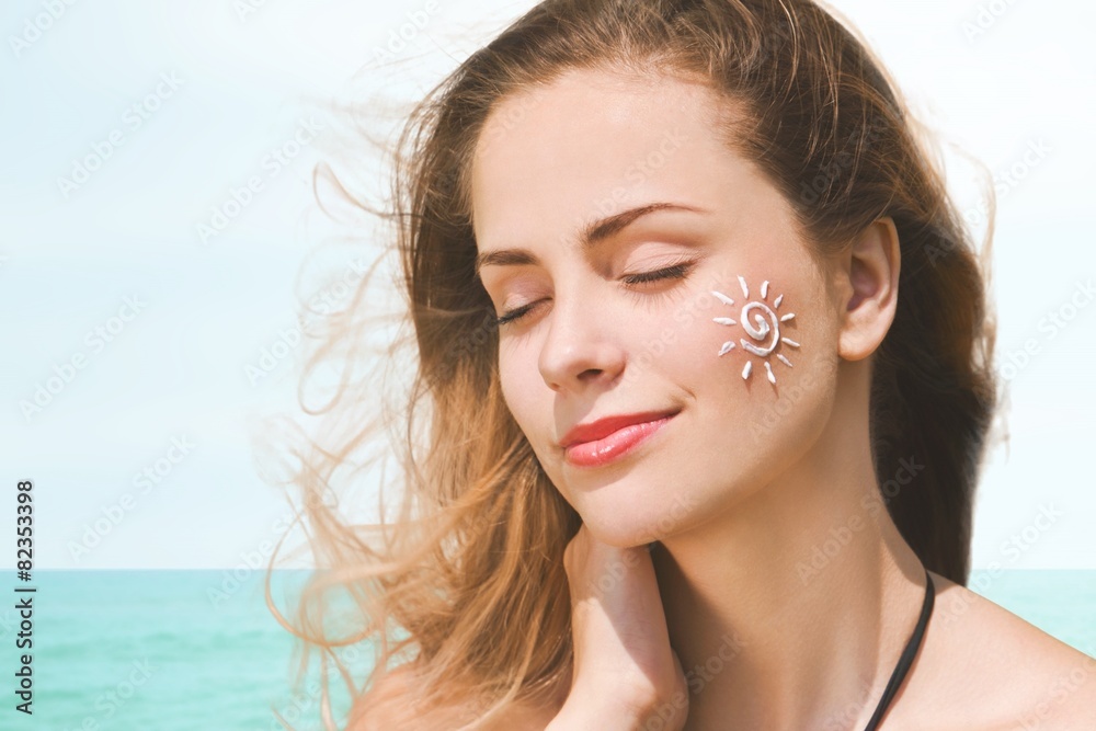 Sunscreen. Suntan Lotion Woman Applying Sunscreen Solar Cream