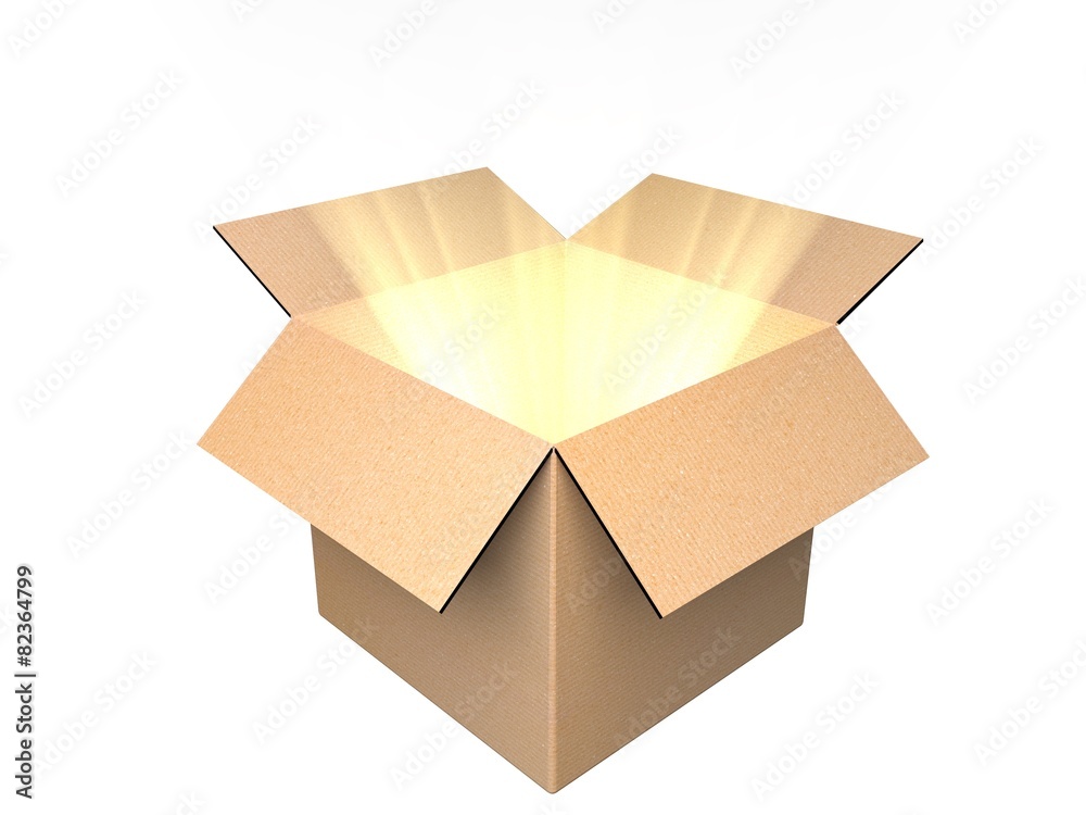 Box. 3D. Box with golden lightbeams