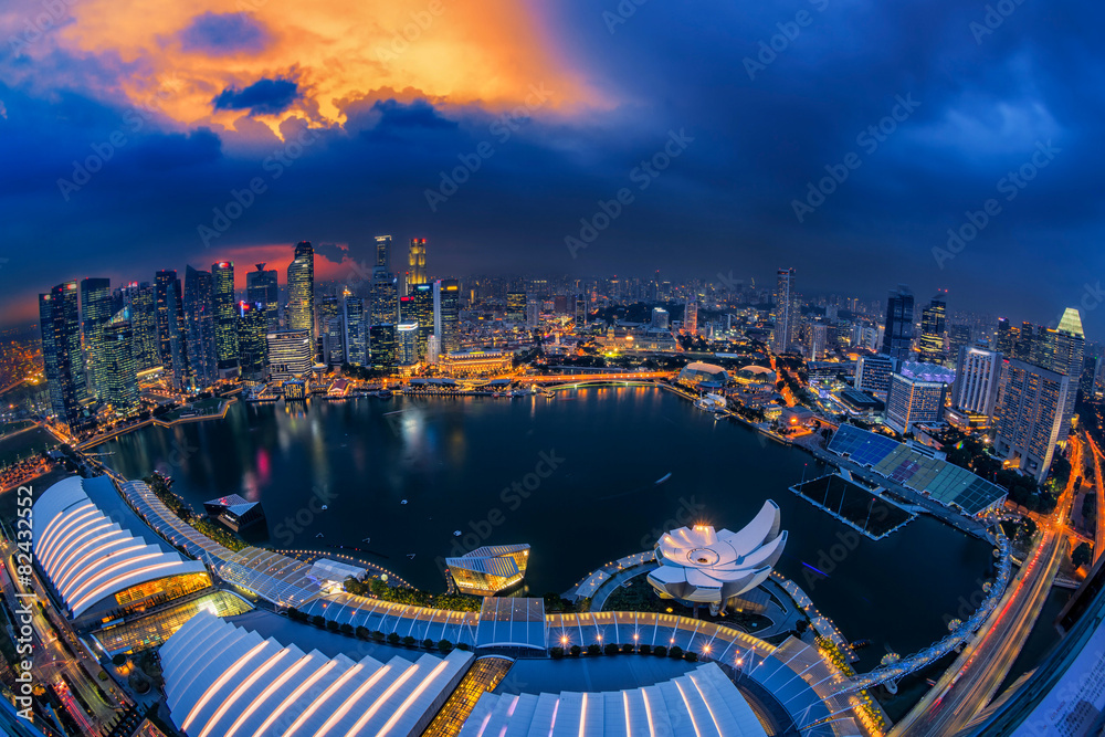 Singapore city at night, top view from the Marina bay Sand