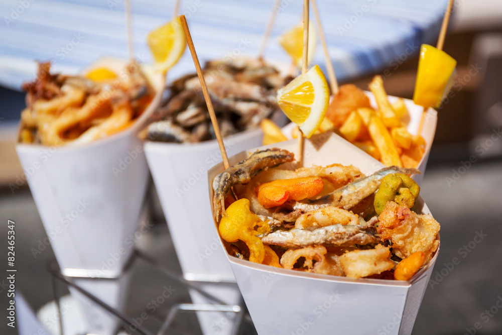 Sea food in cones on the street of Italy